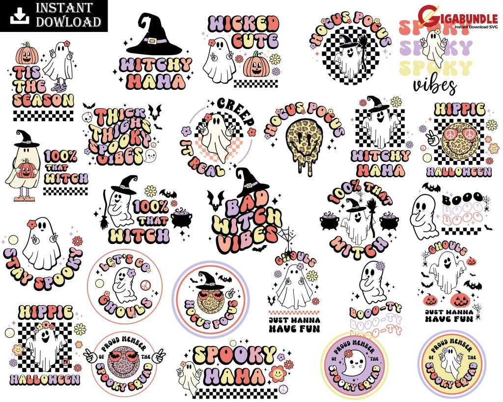 Retro Halloween Svg Bundle Svg Png Shirt Spooky Vibes Cricut Sublimation