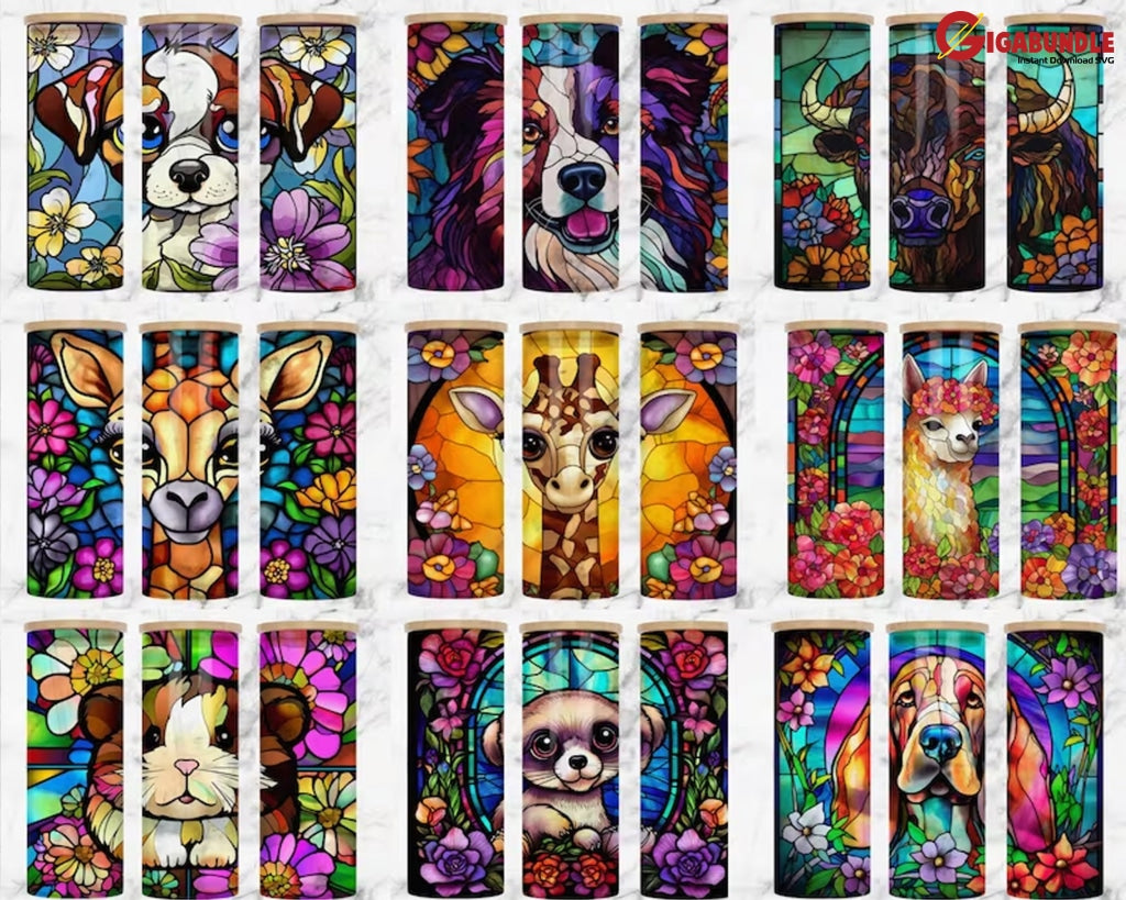 Stained Glass Libbey Can Tumbler Wrap Bundle 26 Oz Skinny Sublimation Design Stain 9X10 Png