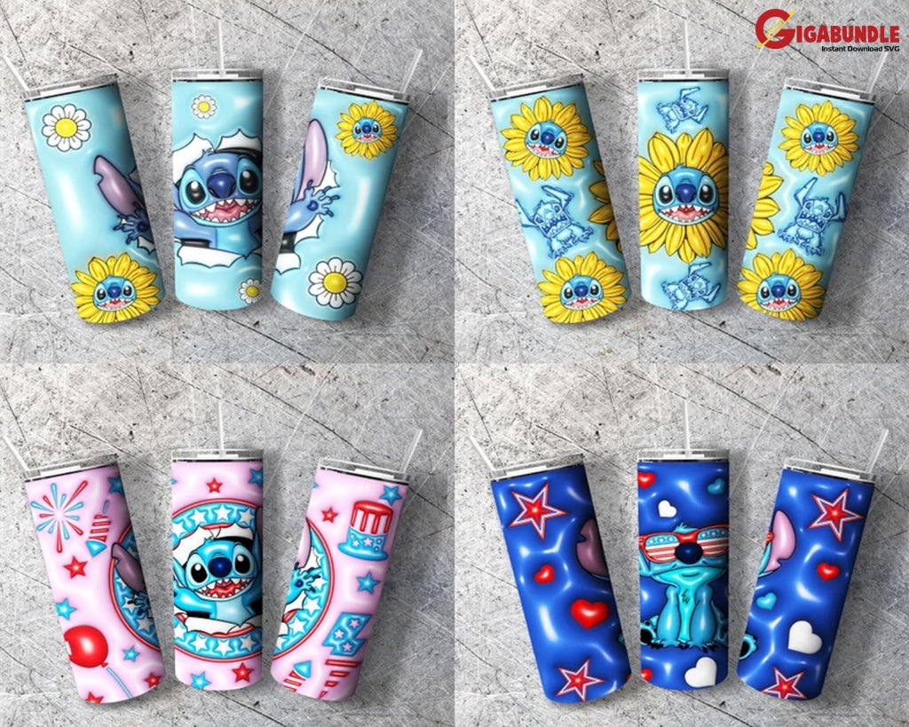 Stitch Inflated Tumbler Design Png 3D Wraps 20Oz Skinny Sublimation Digital Downloads Puffy