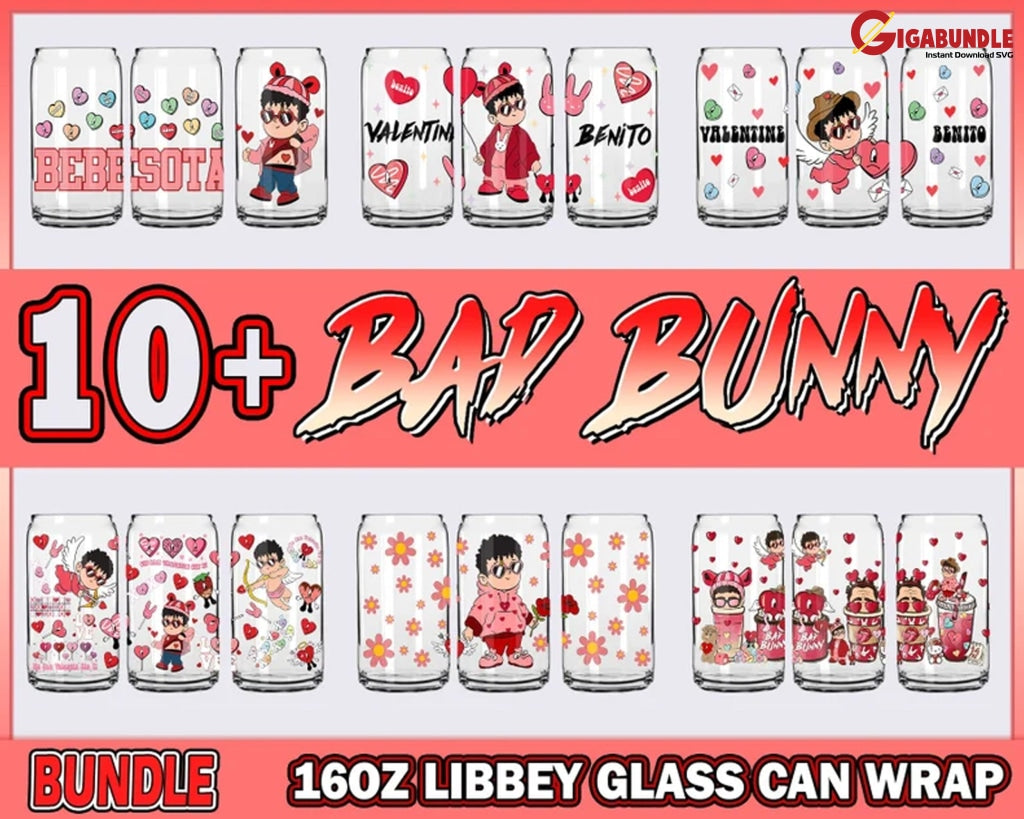 10+ Valentine Bad Bunny Glass Can Wrap Png Bundle Happy 16Oz Libbey Trendy Instant Download