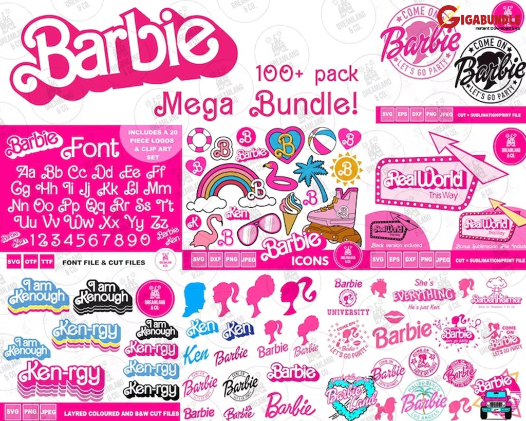 100+ Barbie Icons And Pngs Bundle Retro Barbi Font Letters 1970S 1980S Cricut Digital Download Cut