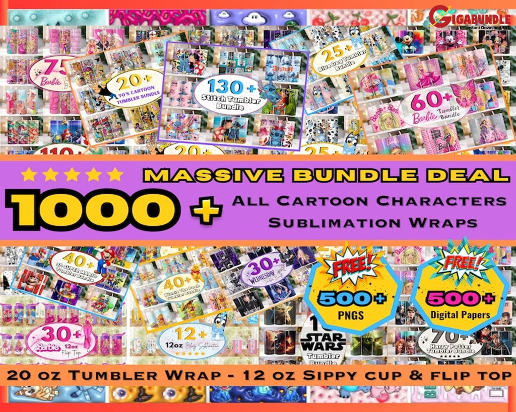 1000+ 20Oz Cartoon Tumbler Bundle All Cartoons Character Sublimation