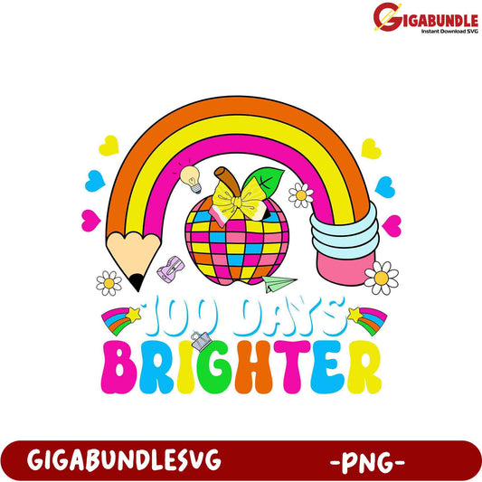 100 Days Brighter Rainbow Apple PNG Design for Kids