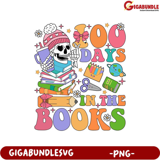 100 Days in the Books Colorful Skeleton Study PNG