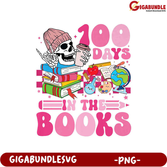 100 Days in the Books Skull PNG Design for Fun Learning