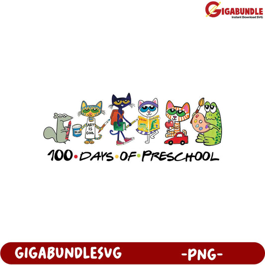 100 Days of Preschool Cute Cat Characters PNG Design