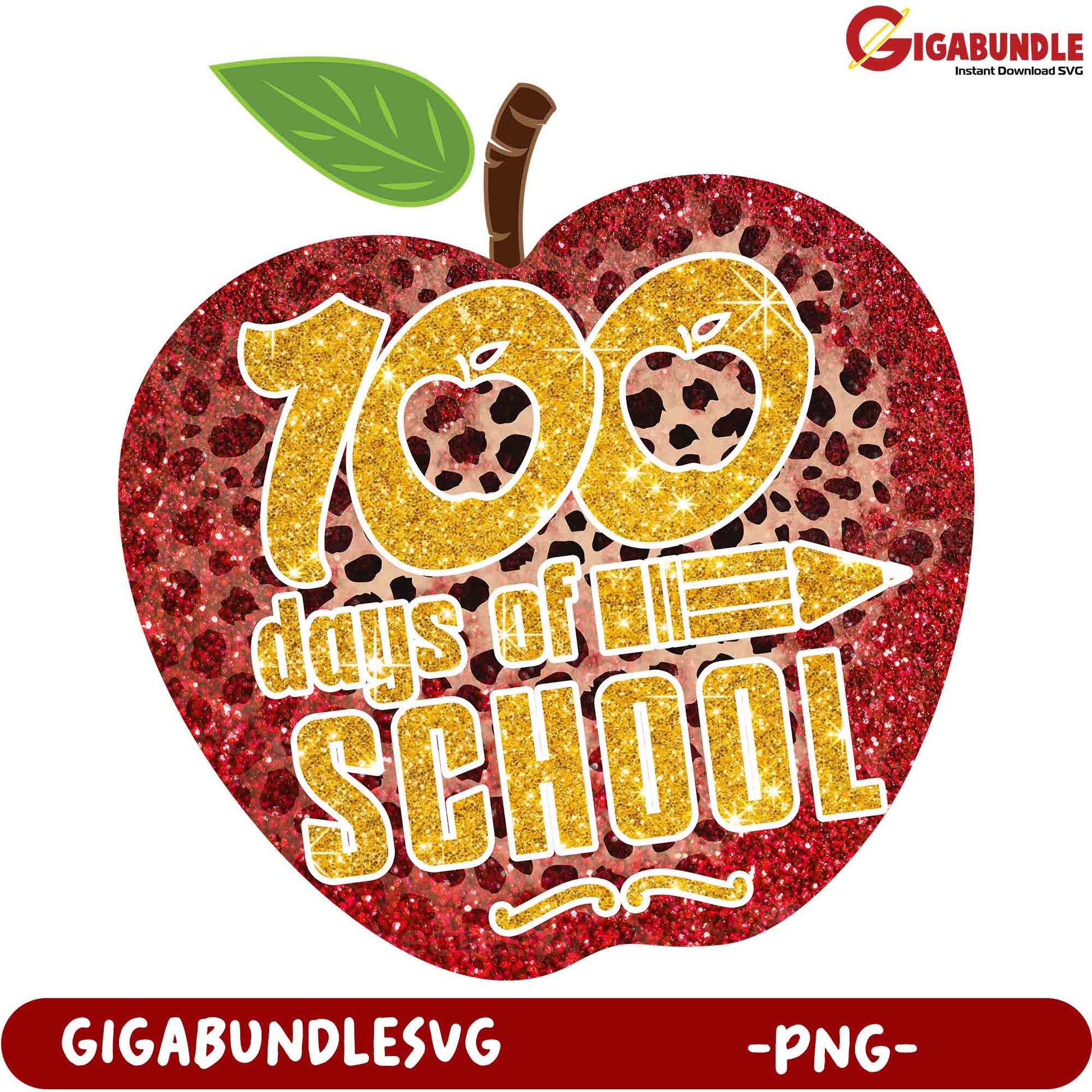 100 Days of School Apple PNG Red Glitter