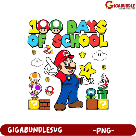 100 Days of School Mario Themed PNG Design for Kids