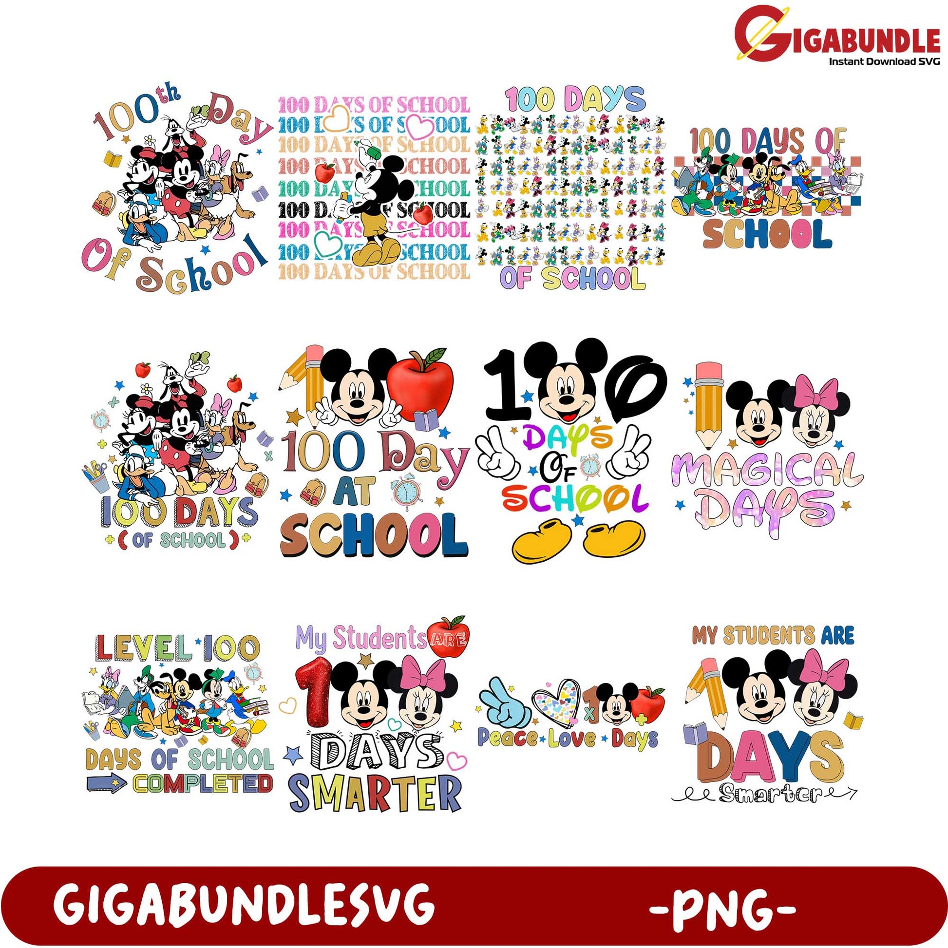 100th Day of School PNG Bundle - Fun Mickey Mouse Designs