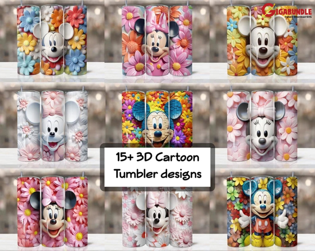 15+ Files 3D Mouse Cartoon Character Flowers Tumbler Design Png Skinny Wrap 20 Oz Digital Instant