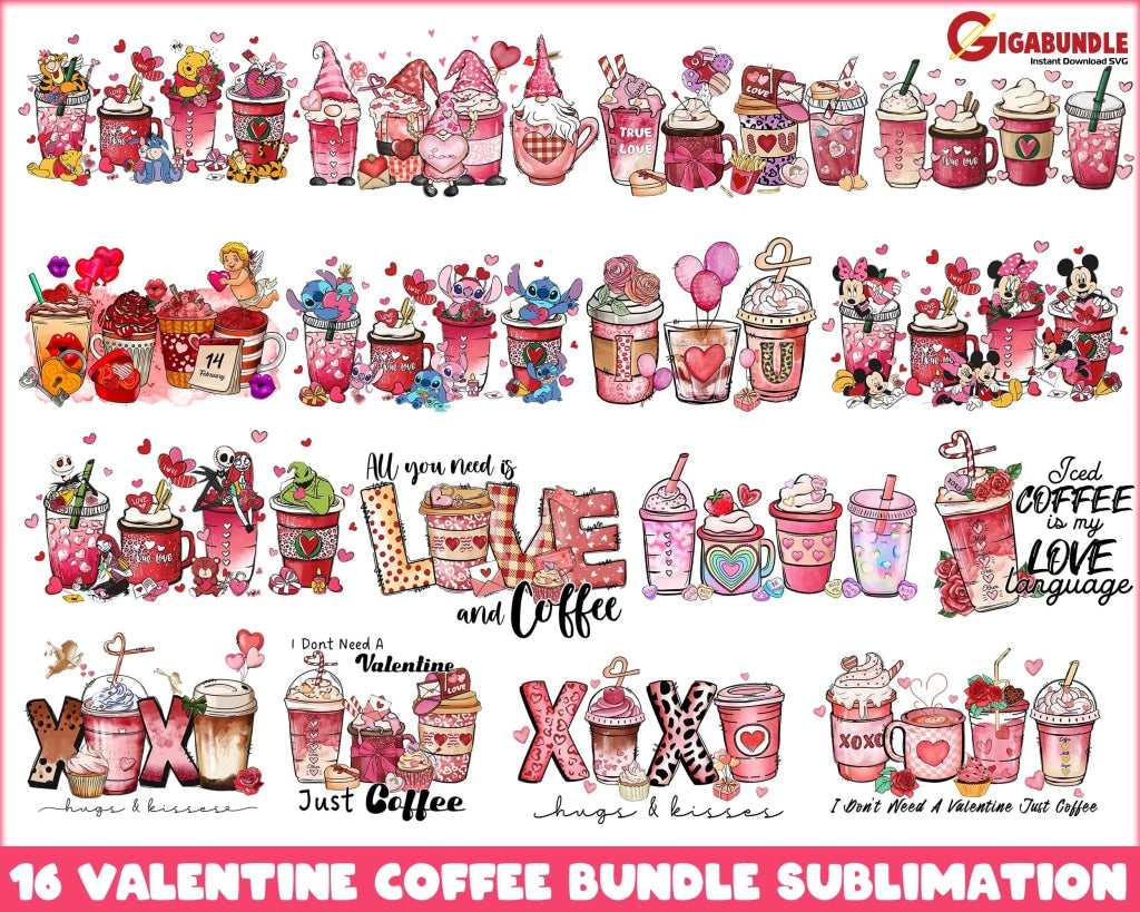 16 Valentine Coffee Cup Sublimation Disney Png Valentines Day Png Xoxo Love Design
