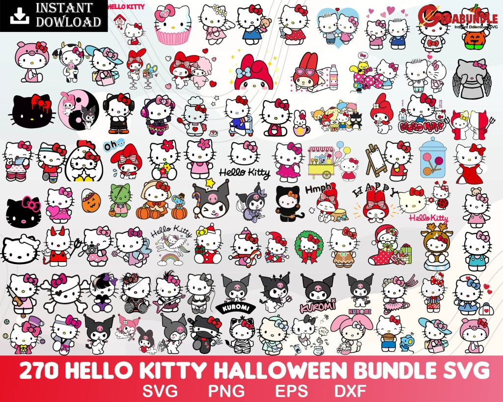 1800+ Halloween Hello Kitty Bundle Japanese Chibi Cartoon Characters; Layered Png Svg Eps Dxf Cut