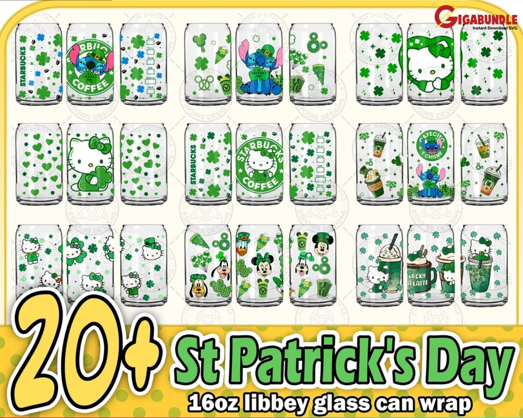 20+ St. Patricks Day Cartoon Png Svg Libbey 16Oz Wrap Funny St Glass Can Digital Download