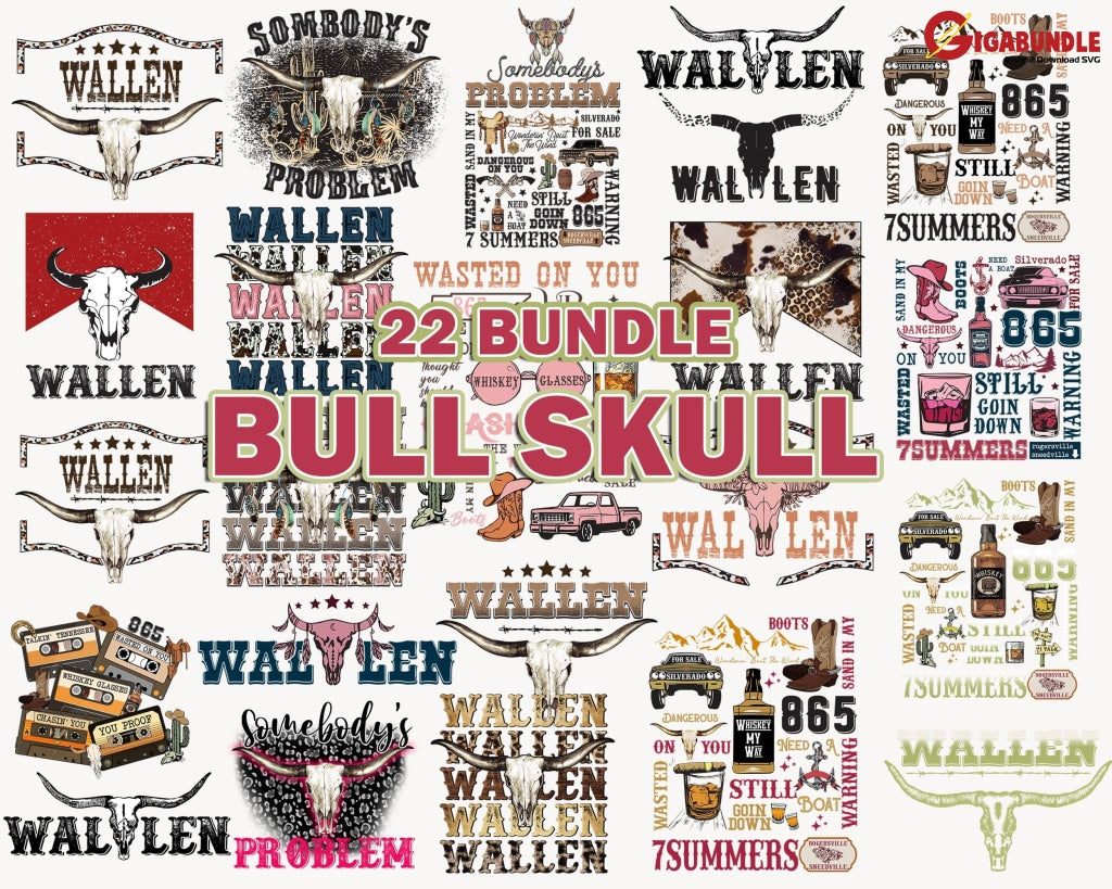 22 Country Western Png Bundle Music Retro Bull Skull Wallen Digital Download Cowboy Design Files