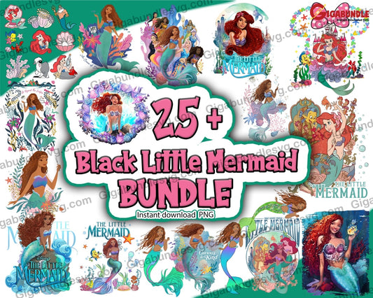 22+Bundle New Black Little Mermaid Png Seamless Pattern Watercolor Girl Magic Mermaid Cricut