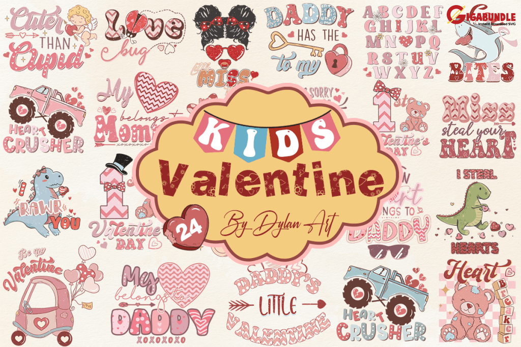 24 Kids Valentine Svg Png Bundle Retro Hugs Kisses Miss Diva Steal Heartbreaker Lover Babe Cherry