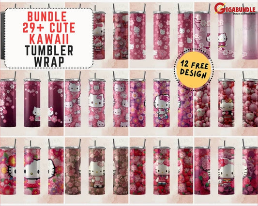 29+ Files Bundle Kawaii Kitty Tumbler Design 20 Oz Straight Sublimation Image Instant Download