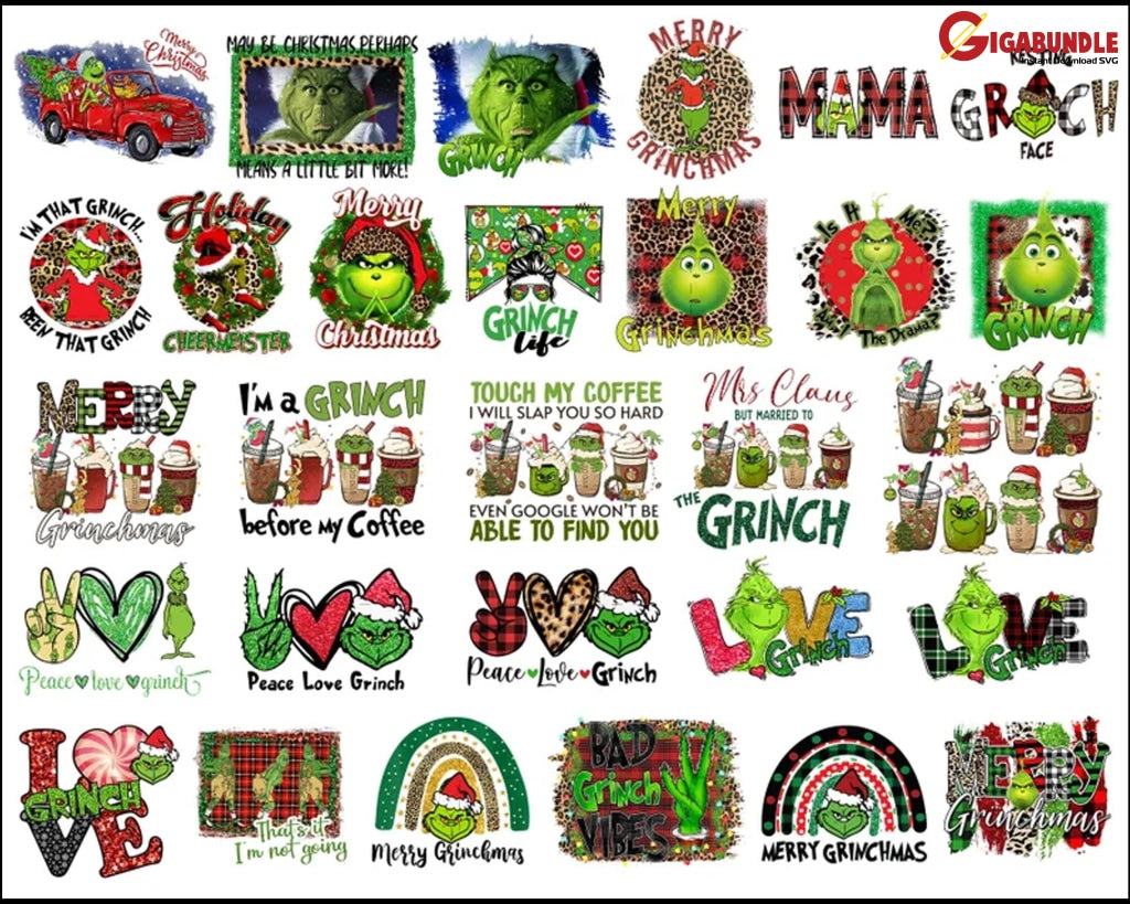 30+ Bundle The Grinch Png Christmas Png Sublimation Design Merry File Hand Draw