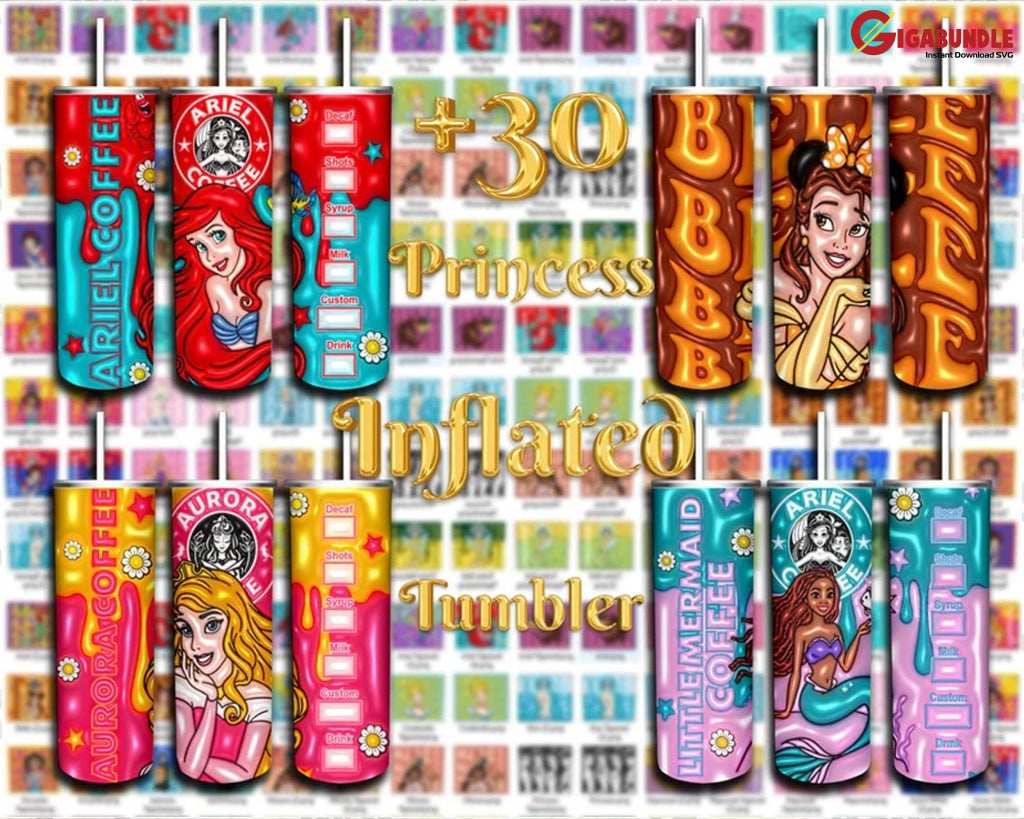 30+ Princess Cartoon Inflated Tumbler Bundle 3D Inflated For 20Oz Skinny Tumbler Instant Download