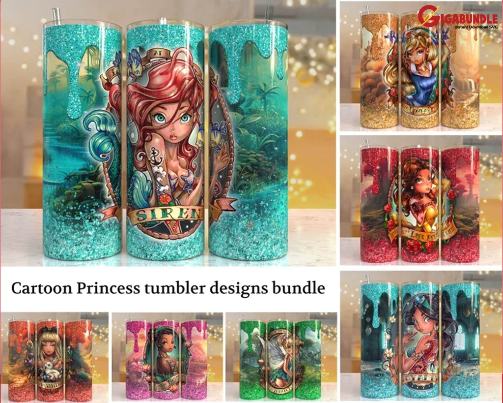 3D Cartoon Princess Tumbler Design Sublimation Designs Downloads