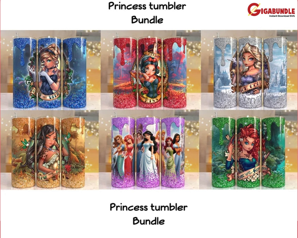 3D Cartoon Princess Tumbler Design Sublimation Designs Downloads