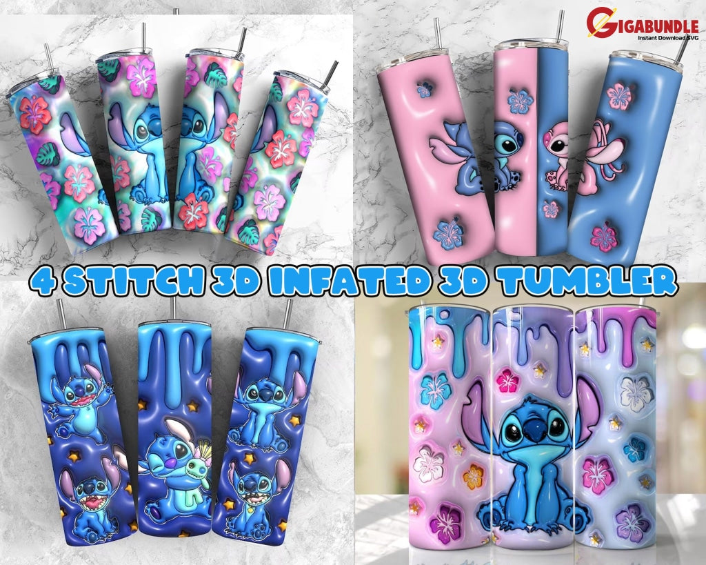 3D Inflated Blue And Pink Animal Character 20Oz Straight Tumbler Design For Sublimation Cartoon