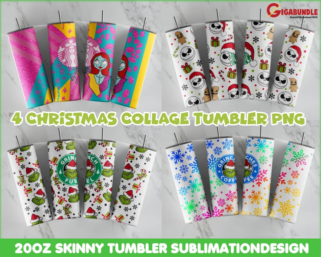 4+ Christmas Collage Tumbler Wrap | 20Oz Skinny Bundle Cartoon Funny Design Png Digital