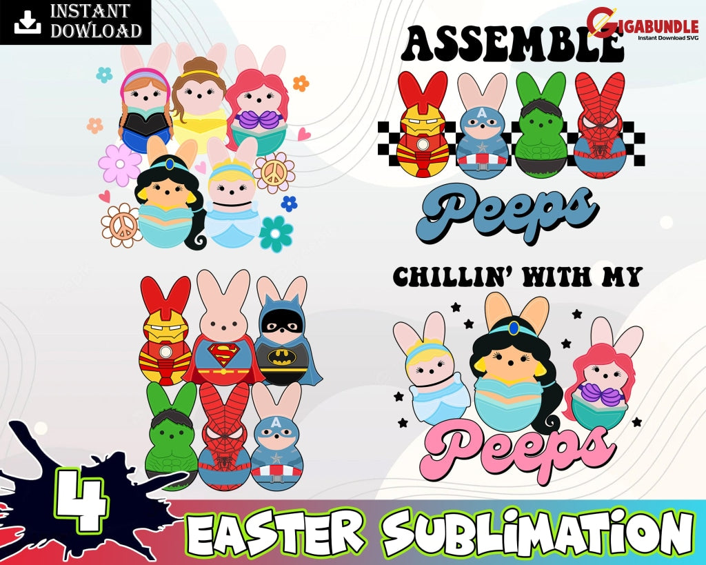 4 Easter Cartoon Png Bundle Princess Superman Happy Day Bunny Digital Download