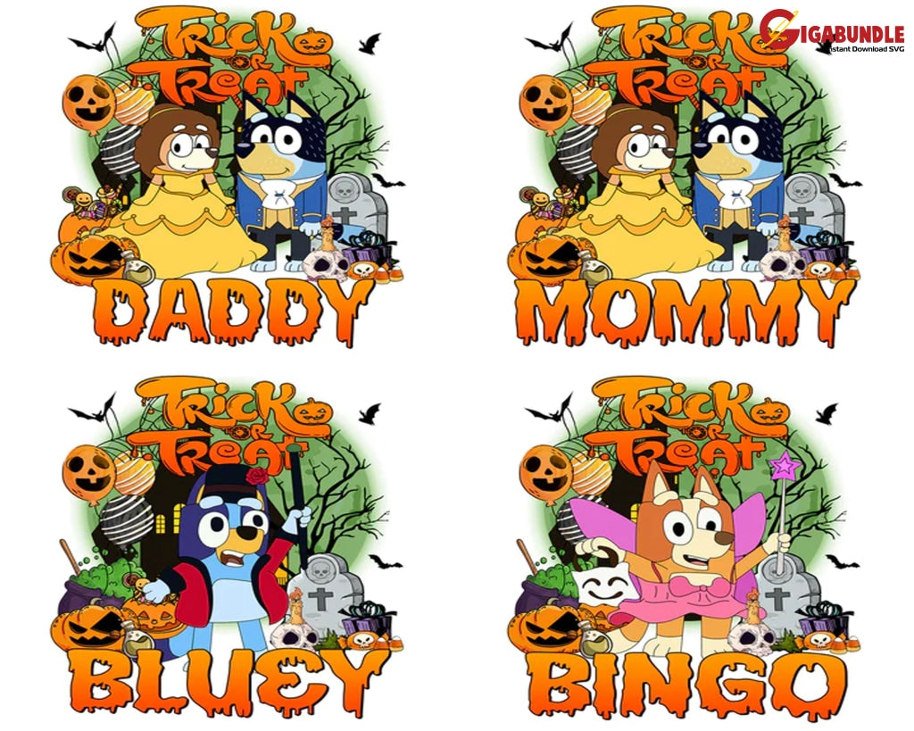 4 Family Dog Halloween Cartoon Designs Bundle Png