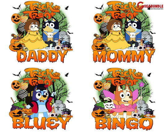 4 Family Dog Halloween Cartoon Designs Bundle Png