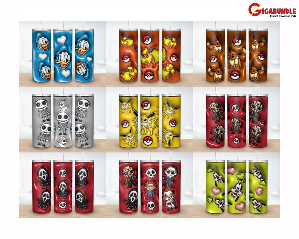 40+ New Designs Inflated 3D Cartoon Characters Skinny Tumbler 20 Oz Bundle- Instant Download