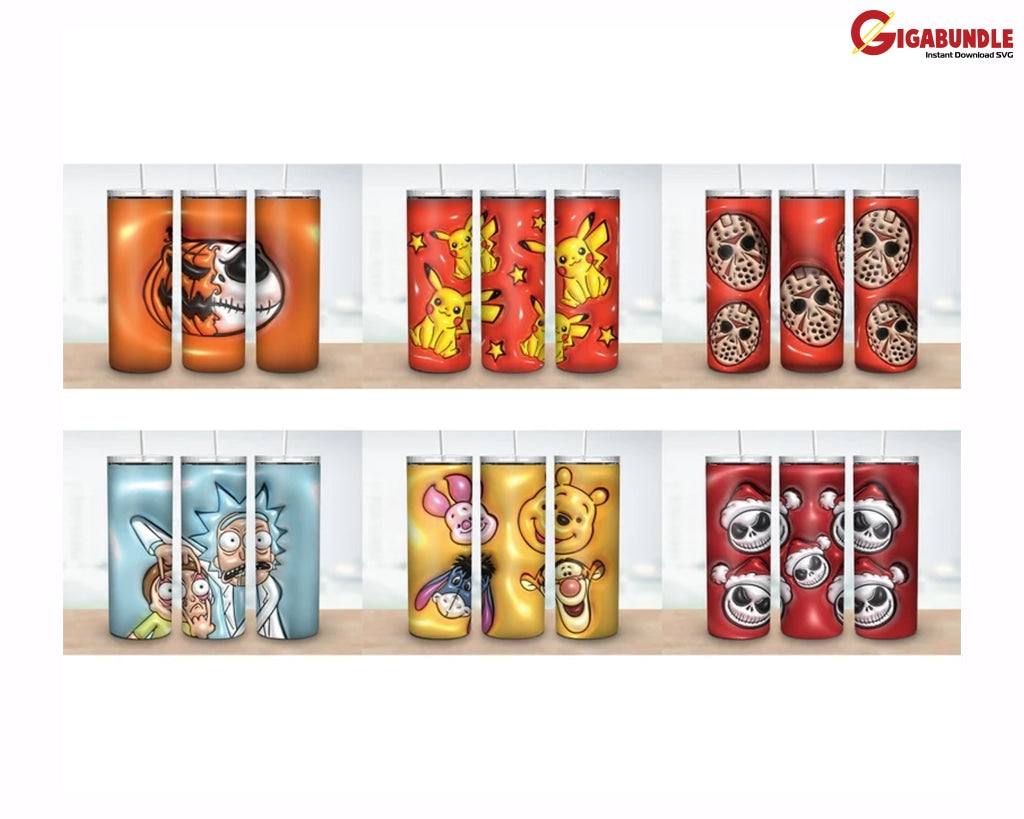 40+ New Designs Inflated 3D Cartoon Characters Skinny Tumbler 20 Oz Bundle- Instant Download