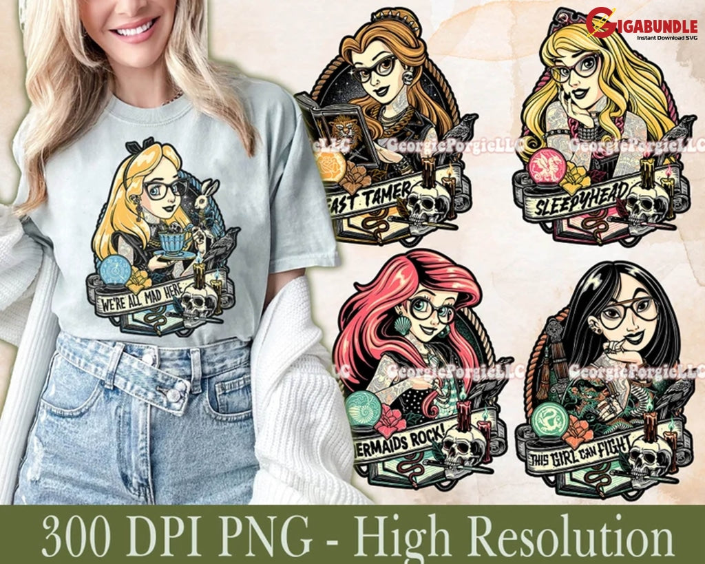 5 Designs Punk Princess Png Rock Mermaid Cartoon Design Sublimation Printable For Tshirt Mug Digital