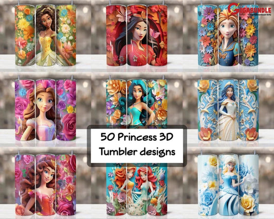 50+ Files 3D Princess Bundle Tumbler Sublimation Designs Downloads Cartoon Princess Design Instant