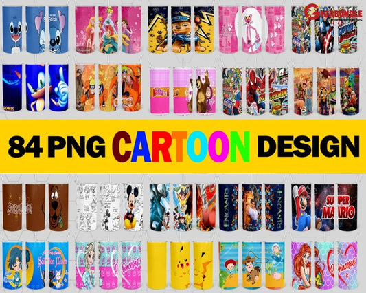 84 Cartoon Kids Tumbler Png Wrap Design Bundle | 20Oz Skinny Sublimation Design Anime Png Digital
