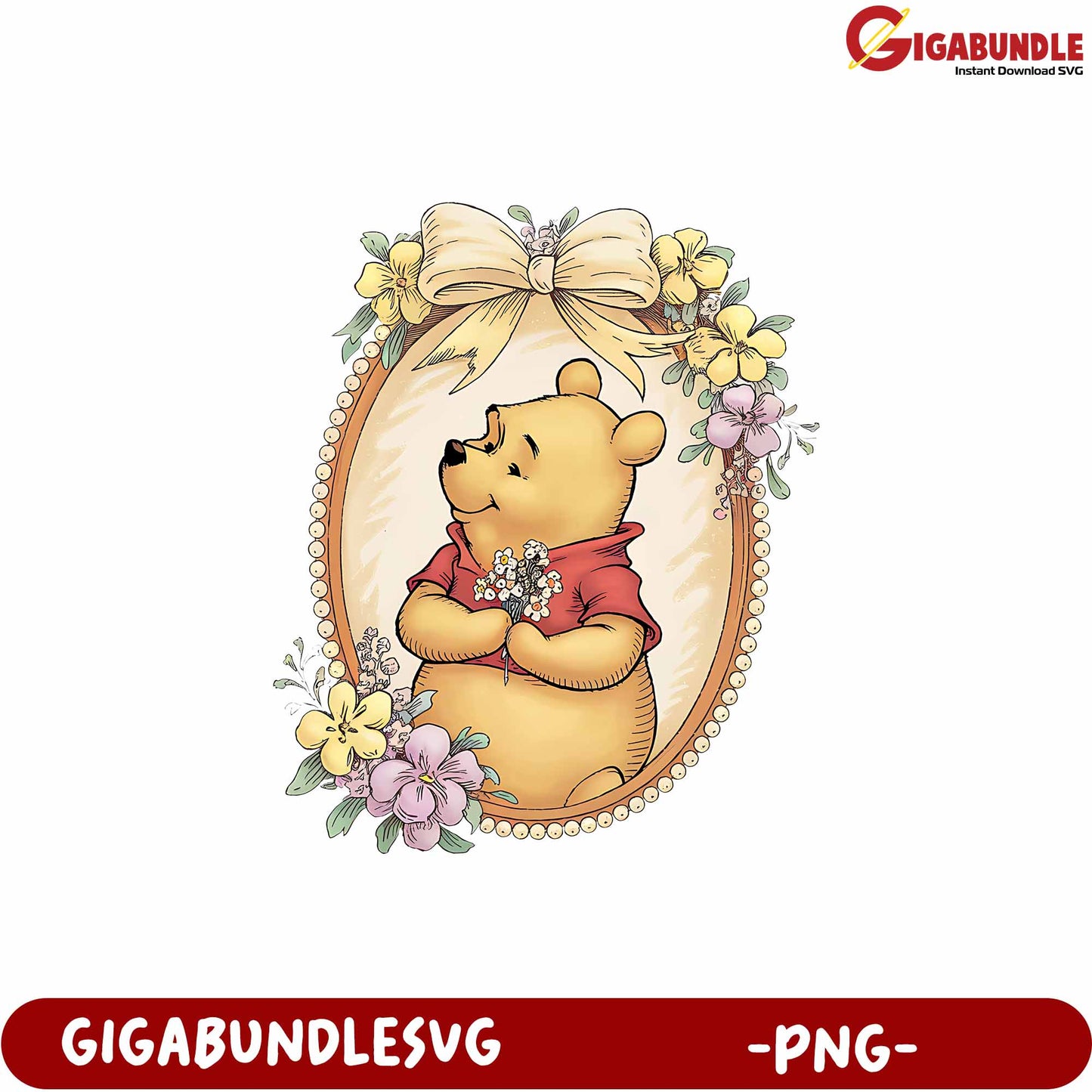 Adorable Bear with Flowers Vintage Art PNG Downloadable Design