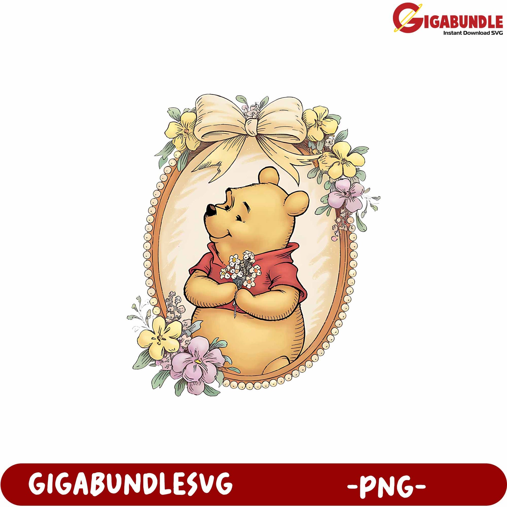 Adorable Bear with Flowers Vintage Art PNG Downloadable Design