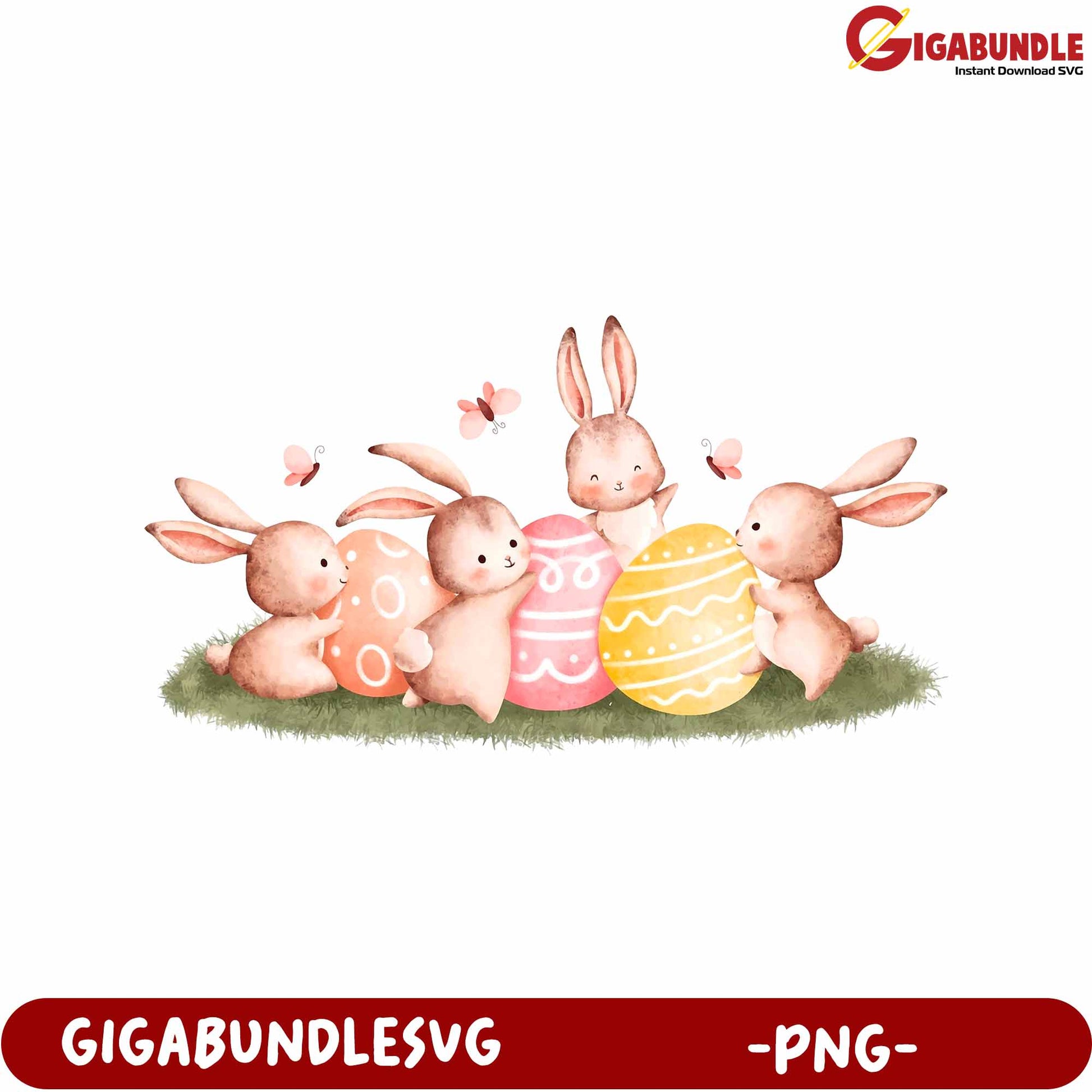 Adorable Bunnies with Colorful Easter Eggs PNG Design Download