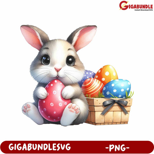 Adorable Bunny Holding Colorful Eggs PNG for Easter Decor