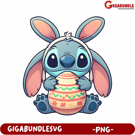 Adorable Bunny Stitch Holding Easter Egg PNG Downloadable Art