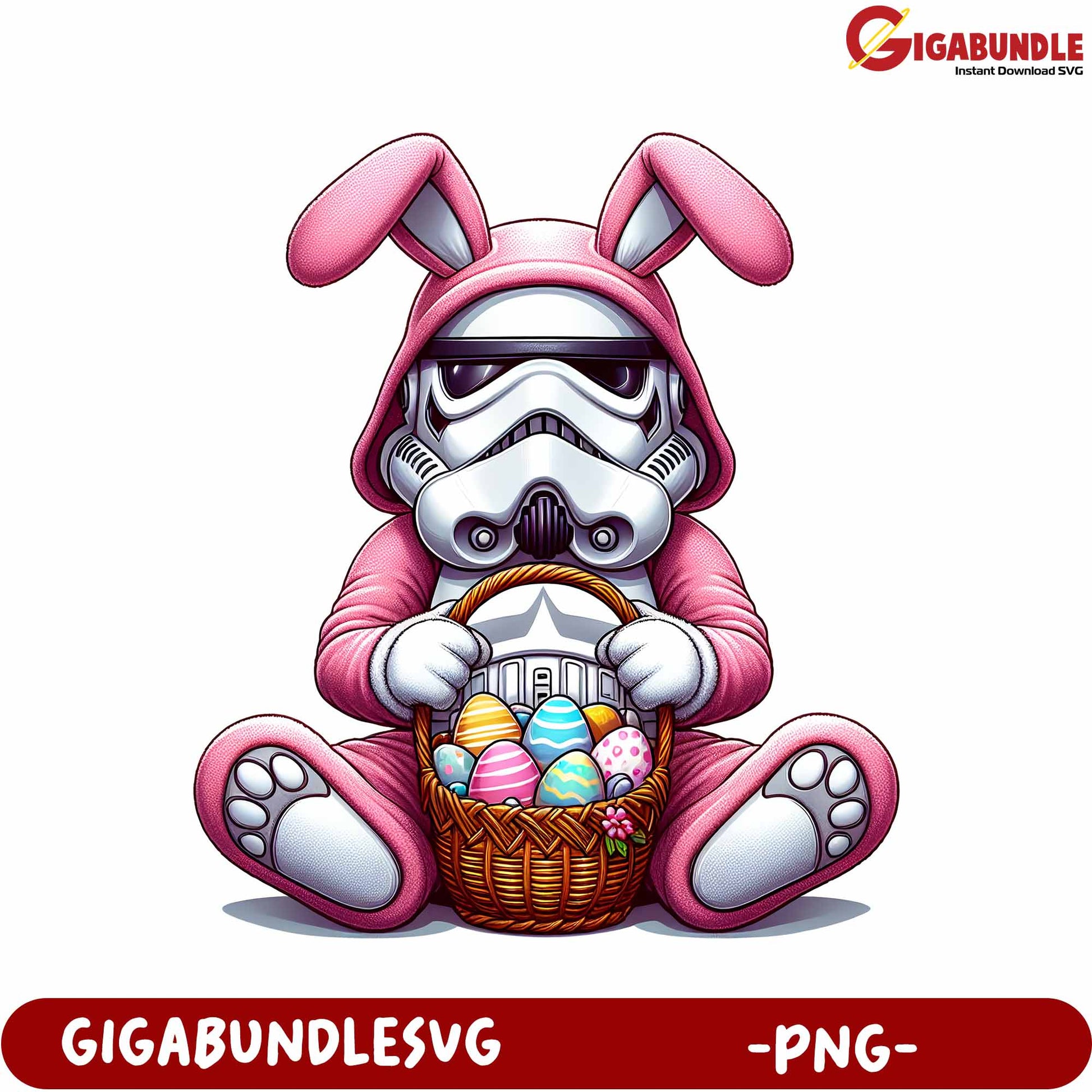 Adorable Bunny Stormtrooper Holding Easter Eggs PNG Design