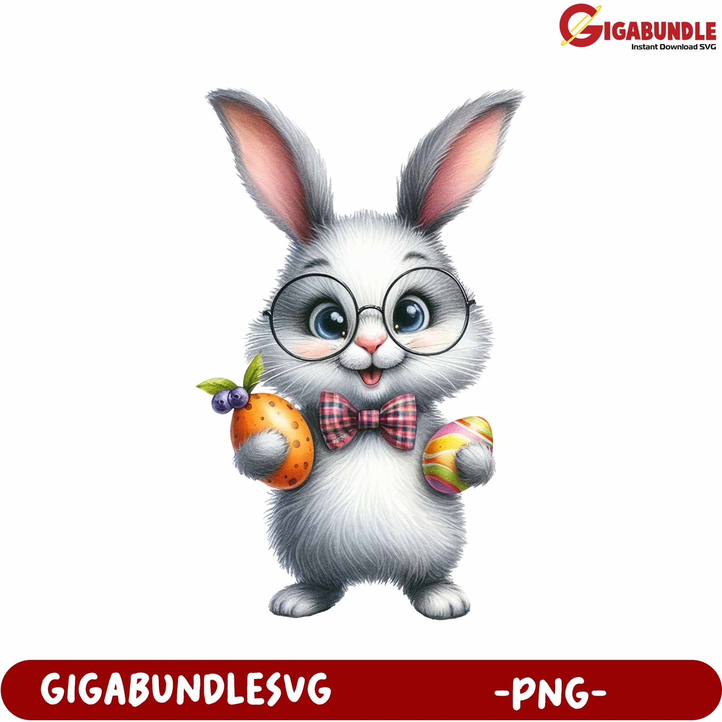 Adorable Bunny with Glasses Holding Easter Eggs PNG Design