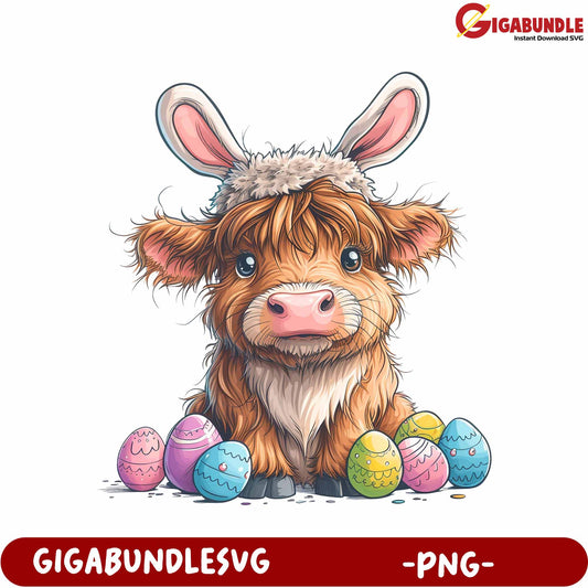 Adorable Calf with Bunny Ears and Colorful Easter Eggs PNG