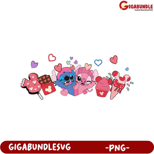 Adorable Cartoon Characters with Treats and Hearts PNG - Sweet Design