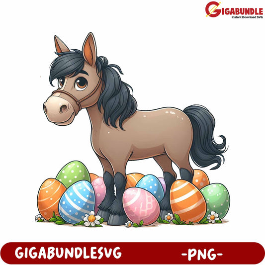 Adorable Cartoon Horse with Colorful Easter Eggs PNG Image