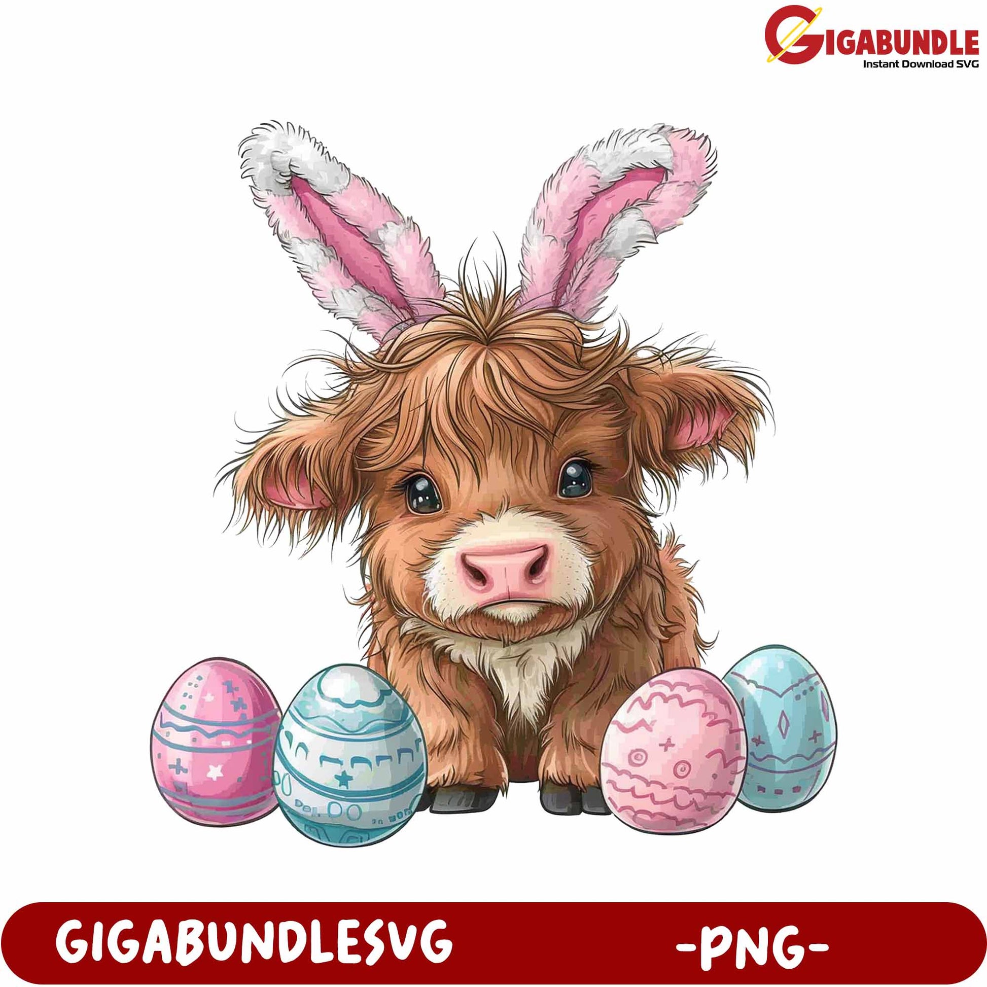 Adorable Cow with Bunny Ears and Colorful Easter Eggs PNG