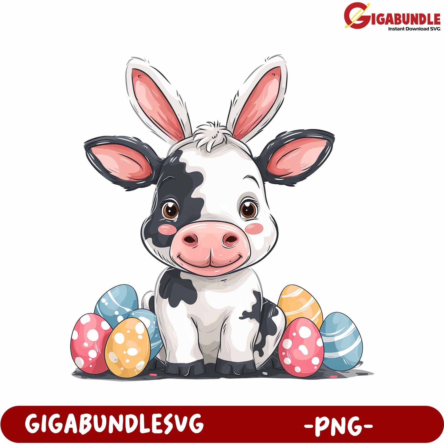 Adorable Cow with Colorful Easter Eggs - PNG Downloadable Art