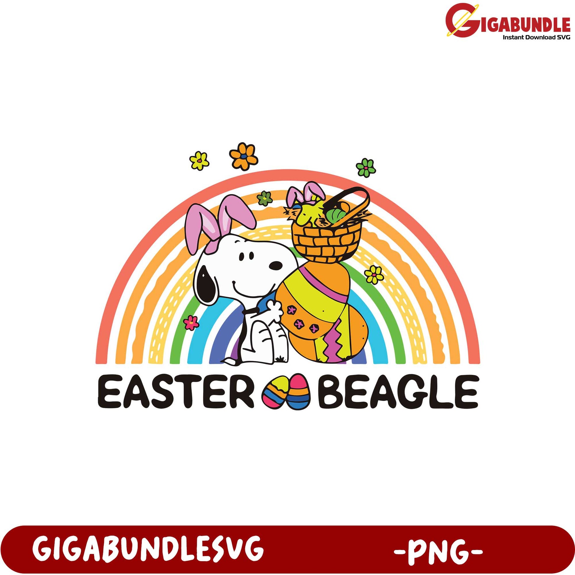 Adorable Easter Beagle PNG Design with Rainbow and Eggs