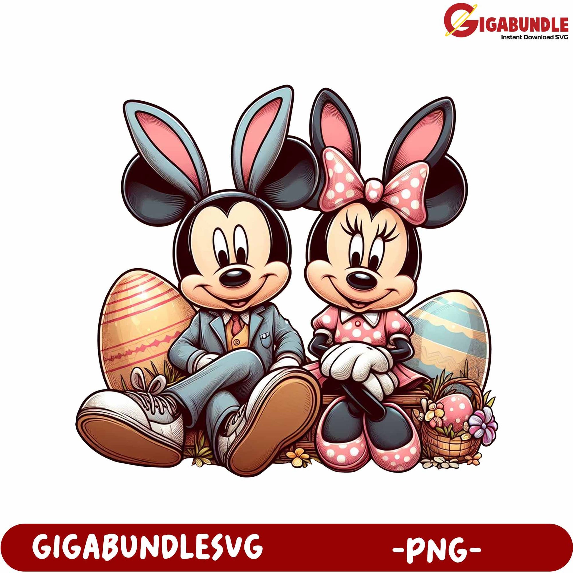 Adorable Easter Couple Bunny Eared Mickey and Minnie PNG