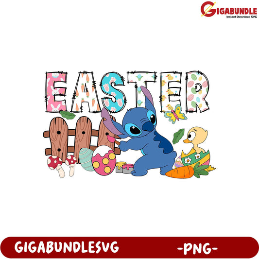 Adorable Easter PNG Design with Stitch and Colorful Eggs